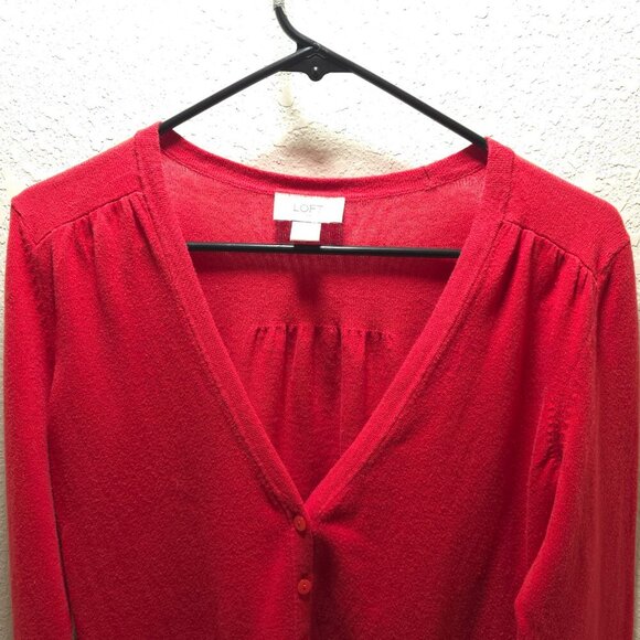 Loft Red Cotton V-Neck Button Cardigan Sweater | Size Small - Picture 4 of 12